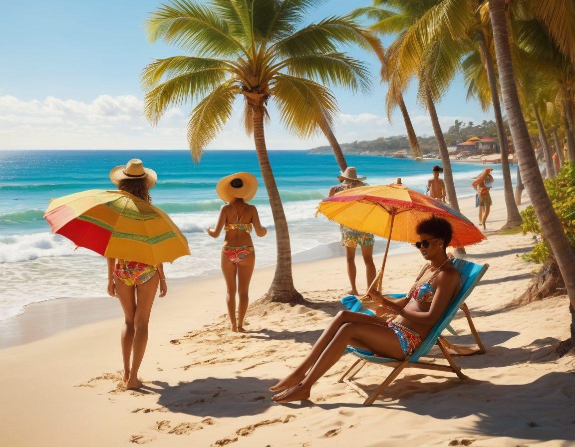 A sunlit beach scene featuring a diverse group of individuals showcasing vibrant and stylish adult beachwear. Include bold patterns and playful accessories, like beach hats and sunglasses, amidst golden sands and sparkling waves. Incorporate a backdrop of palm trees and colorful beach umbrellas to evoke a tropical vibe. Emphasize the essence of intimacy and confidence in the way the figures interact with each other. vibrant colors. tropical beach theme. super-realistic.